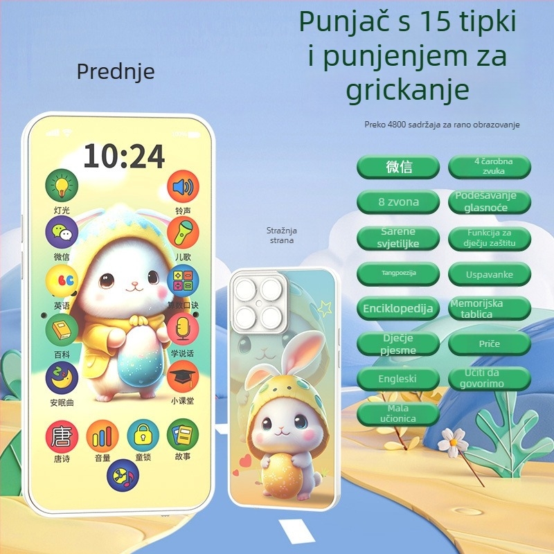 Edukativni dječji telefon za uzrast 4–6 godina – Interaktivni dodirni zaslon za učenje, punjiva litijska baterija, glazbene i glasovne poruke te roditeljsko-dječje igre