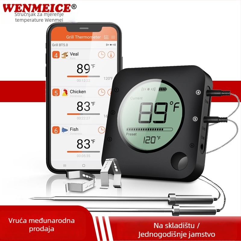 WENMEICE Bežični Bluetooth digitalni termometar za hranu, za roštilj, meso, pećnicu i kuhinju, raspon 1–300°C (33–572°F), razlučivost 0.1°C, točnost ±1°C