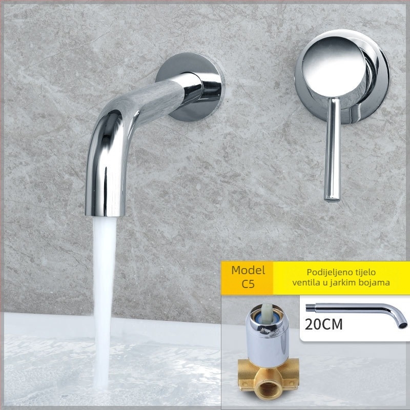 Zidni skriveni miješajući slavina za umivaonik – mesingavo tijelo, keramički jezgro, topla/hladna voda, 0–80°C