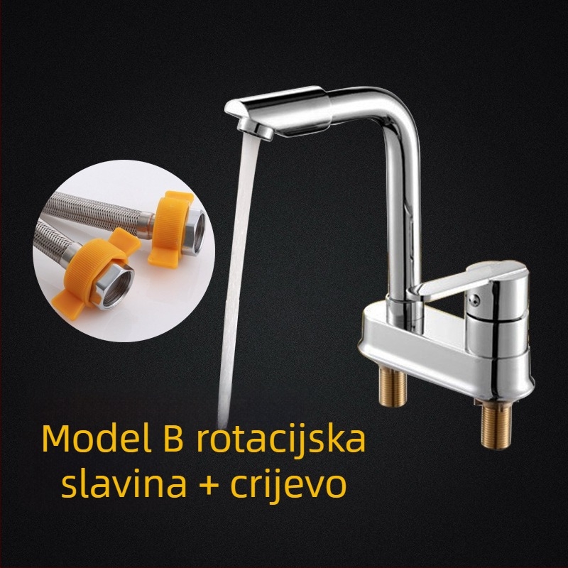 Bakreni miješalac za umivaonik s 360° rotacijom, model s dvostrukim otvorom, jednoručni, keramički uložak