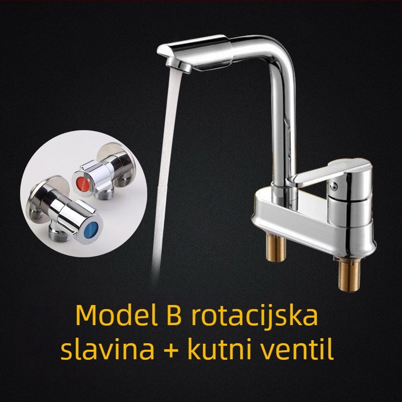 Bakreni miješalac za umivaonik s 360° rotacijom, model s dvostrukim otvorom, jednoručni, keramički uložak