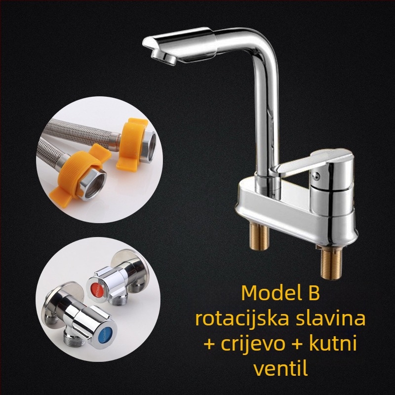 Bakreni miješalac za umivaonik s 360° rotacijom, model s dvostrukim otvorom, jednoručni, keramički uložak