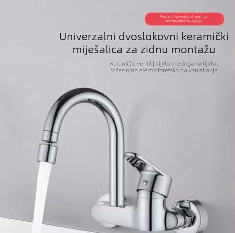 Zidna ugrađena slavina za kuhinju: keramički disk ventila, bakreno tijelo, trostruka konstrukcija, radni raspon 0–90°C