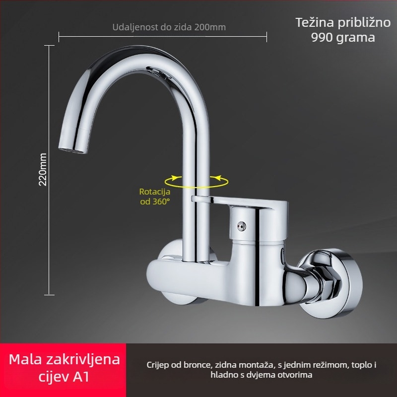 Zidna ugrađena slavina za kuhinju: keramički disk ventila, bakreno tijelo, trostruka konstrukcija, radni raspon 0–90°C