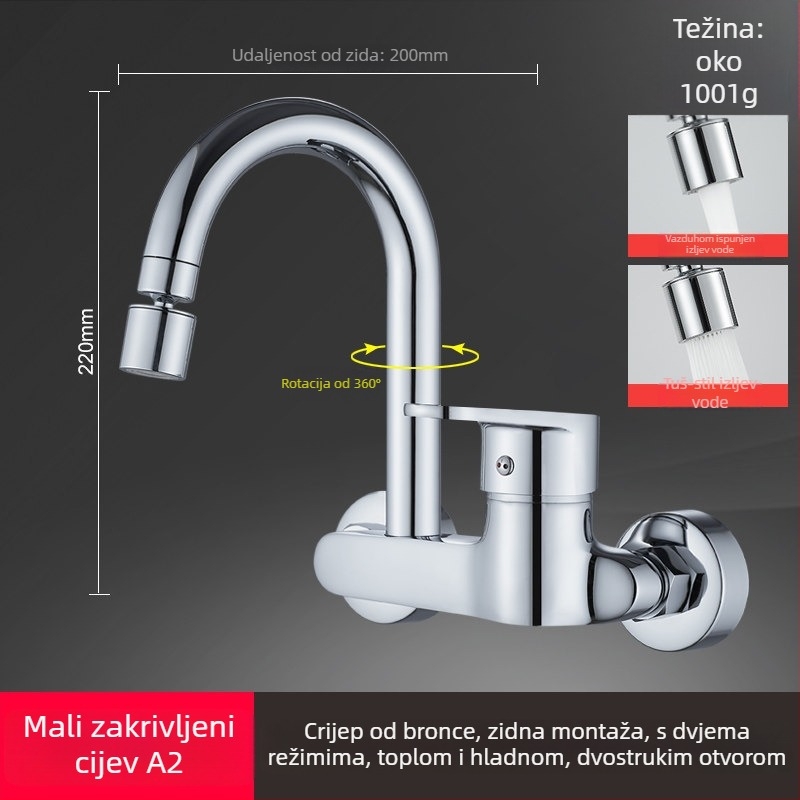 Zidna ugrađena slavina za kuhinju: keramički disk ventila, bakreno tijelo, trostruka konstrukcija, radni raspon 0–90°C