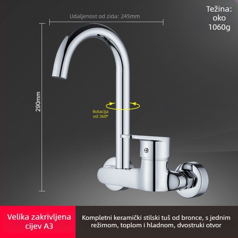 Zidna ugrađena slavina za kuhinju: keramički disk ventila, bakreno tijelo, trostruka konstrukcija, radni raspon 0–90°C
