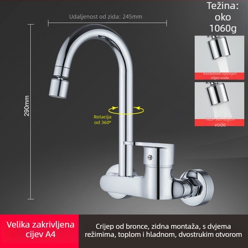 Zidna ugrađena slavina za kuhinju: keramički disk ventila, bakreno tijelo, trostruka konstrukcija, radni raspon 0–90°C