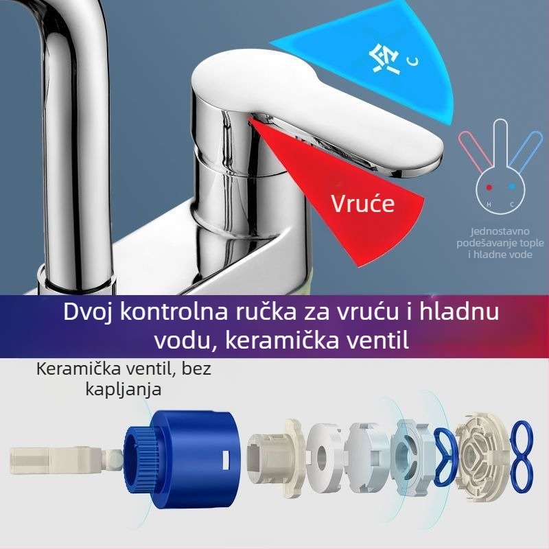 Slavina za umivaonik s kromiranim završetkom, tijelo od zinkove zlitine, keramički kartridžni ventil, montaža na ploču, moderan dizajn