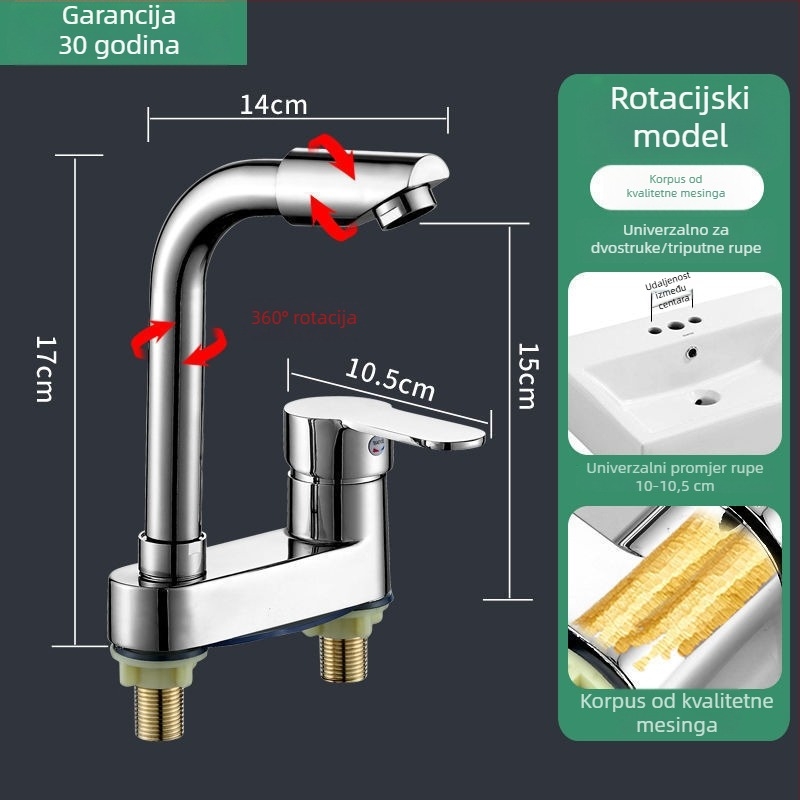Slavina za umivaonik s kromiranim završetkom, tijelo od zinkove zlitine, keramički kartridžni ventil, montaža na ploču, moderan dizajn