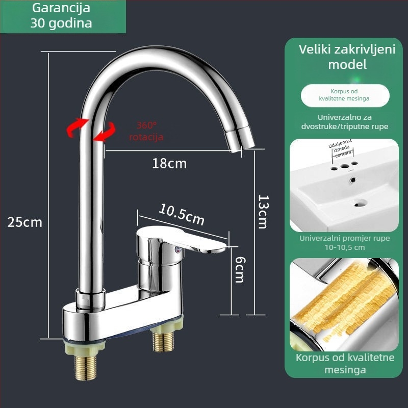 Slavina za umivaonik s kromiranim završetkom, tijelo od zinkove zlitine, keramički kartridžni ventil, montaža na ploču, moderan dizajn
