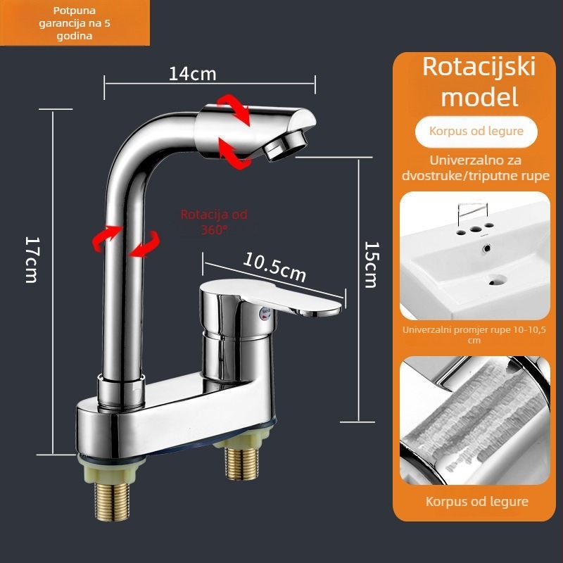 Slavina za umivaonik s kromiranim završetkom, tijelo od zinkove zlitine, keramički kartridžni ventil, montaža na ploču, moderan dizajn