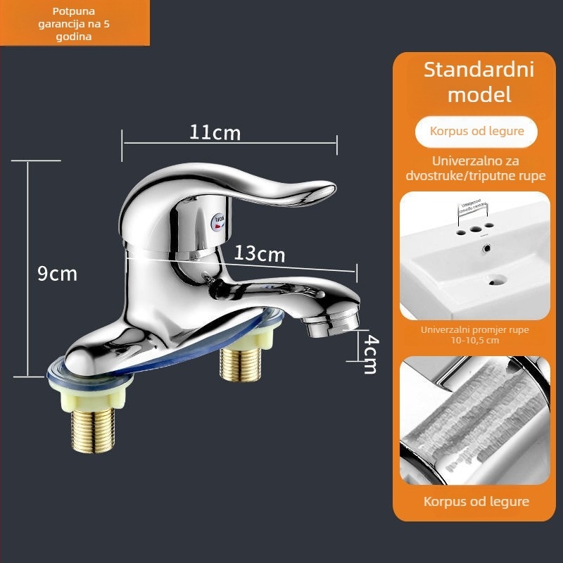 Slavina za umivaonik s kromiranim završetkom, tijelo od zinkove zlitine, keramički kartridžni ventil, montaža na ploču, moderan dizajn