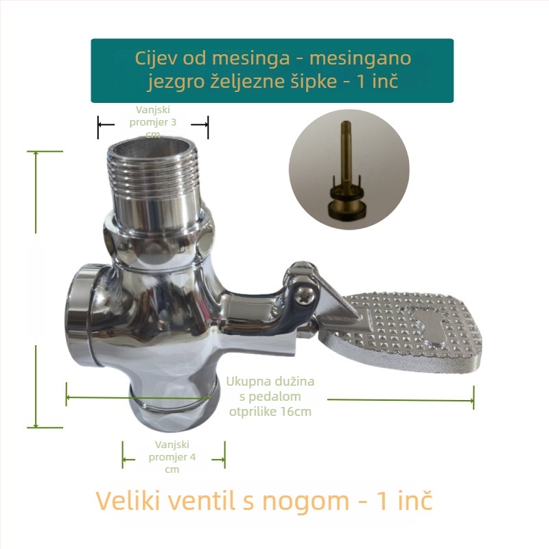 Bakreni pedalni ventil za WC, model J009, izlaz 1 inč, tlak 15, vrijeme ispiranja 3–6 s