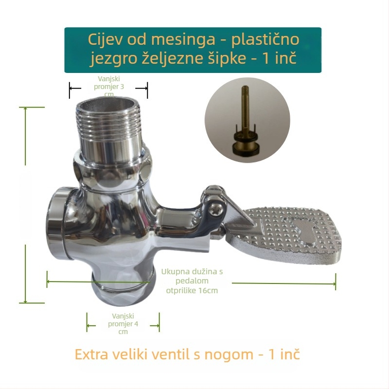 Bakreni pedalni ventil za WC, model J009, izlaz 1 inč, tlak 15, vrijeme ispiranja 3–6 s