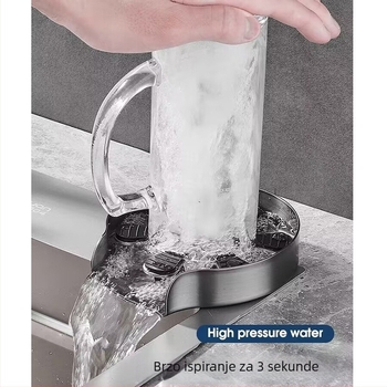 Kuhinjska slavina s automatskim pranjem čaša, nehrđajući čelik, keramički kartridž ventil, nazivni tlak 1,6 MPa, radna temperatura 0–90 °C, ulaz/izlaz 20 mm
