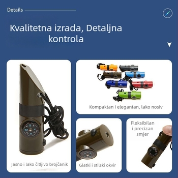 7-u-1 višenamenska zviždaljka za planinarenje i kampiranje s kompasom, povećalom i termometrom | ABS | Lesen