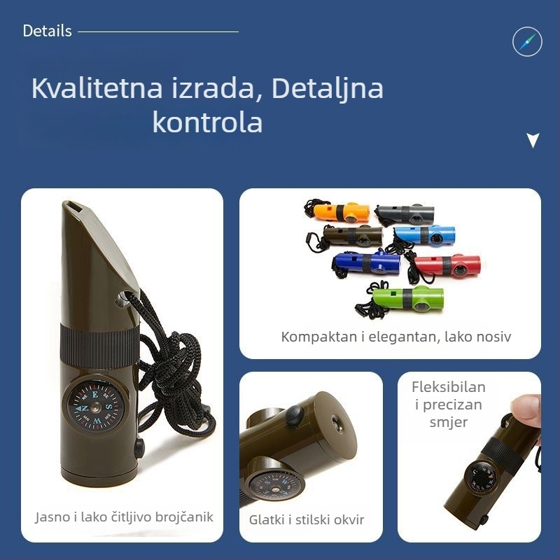 7-u-1 višenamenska zviždaljka za planinarenje i kampiranje s kompasom, povećalom i termometrom | ABS | Lesen