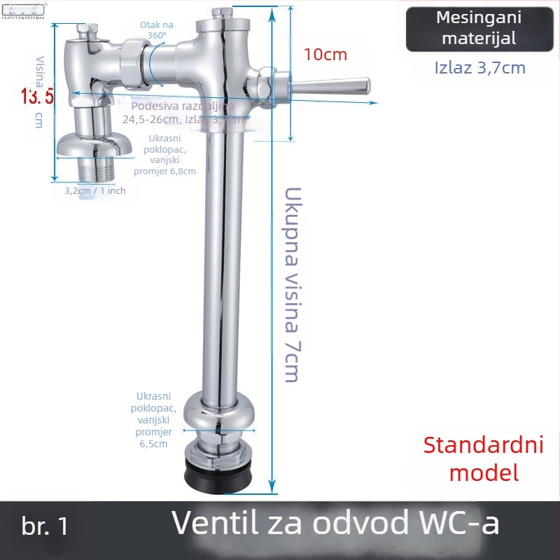 Bakrena slavina za ispiranje toaleta s pedalskim pokretom, model 222, izlazni promjer 1 inč, vrijeme ispiranja 3–8 sekundi, moderni minimalistički stil