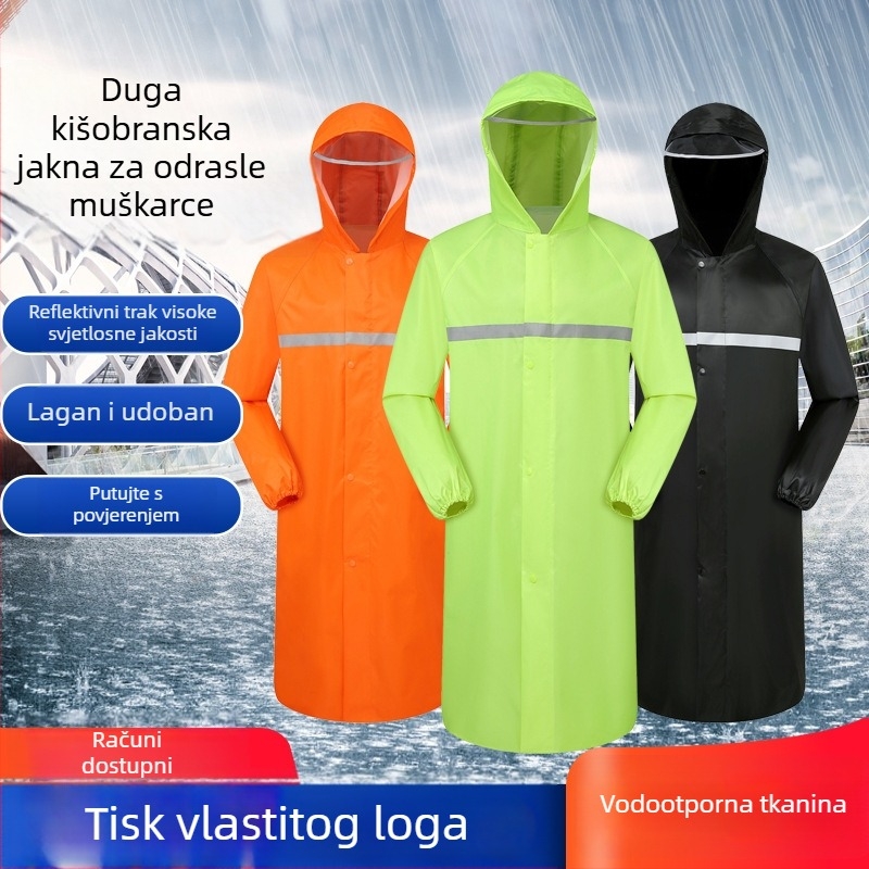 Dugo kišno jakno za odrasle – reflektirajući debeli pončo za outdoor biciklizam i planinarenje; Oxford tkanina 0.22 mm, PVC vodootporni sloj; jednoslojni, prenosno.