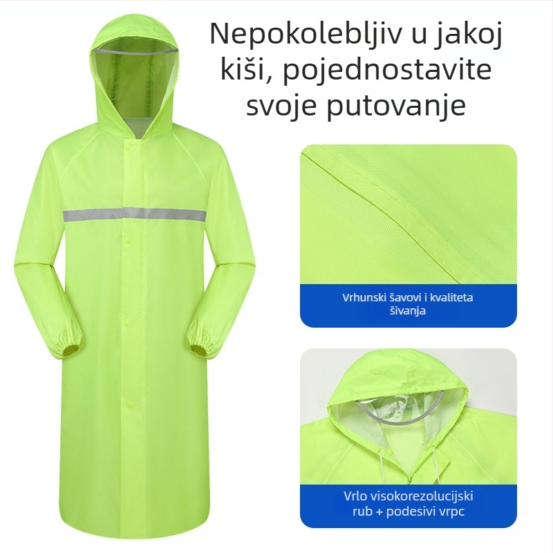 Dugo kišno jakno za odrasle – reflektirajući debeli pončo za outdoor biciklizam i planinarenje; Oxford tkanina 0.22 mm, PVC vodootporni sloj; jednoslojni, prenosno.