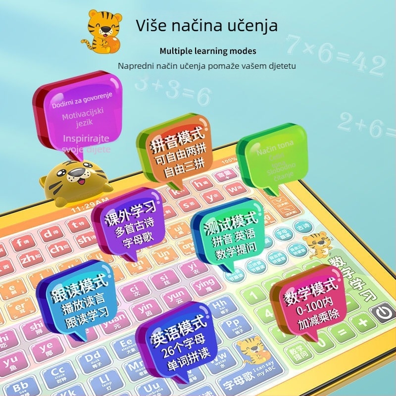 Tablet za rano obrazovanje: Verzija jezika, matematike i engleskog s dodirnim zaslonom, punjiva baterija, glazbena reprodukcija, plastično kućište