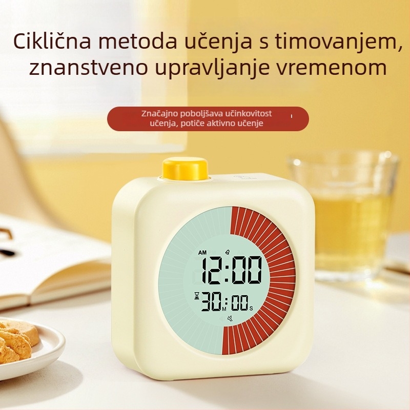 Tiho budilnik za učenike s vizualnim tajmerom – elektronički pogon, LCD zaslon, kvadratno plastično kućište, napajanje baterijama (Elektronički pogon, LCD zaslon, kvadratni dizajn, plastično kućište, napajanje baterijama)