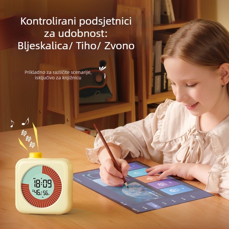 Tiho budilnik za učenike s vizualnim tajmerom – elektronički pogon, LCD zaslon, kvadratno plastično kućište, napajanje baterijama (Elektronički pogon, LCD zaslon, kvadratni dizajn, plastično kućište, napajanje baterijama)