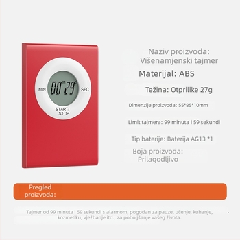 Tajmer od 99 minuta 59 sekundi sa LCD prikazom, alarmom i kronografom — kućište od ABS-a, za kuhinju i učenje