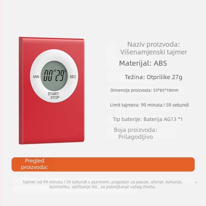 Tajmer od 99 minuta 59 sekundi sa LCD prikazom, alarmom i kronografom — kućište od ABS-a, za kuhinju i učenje