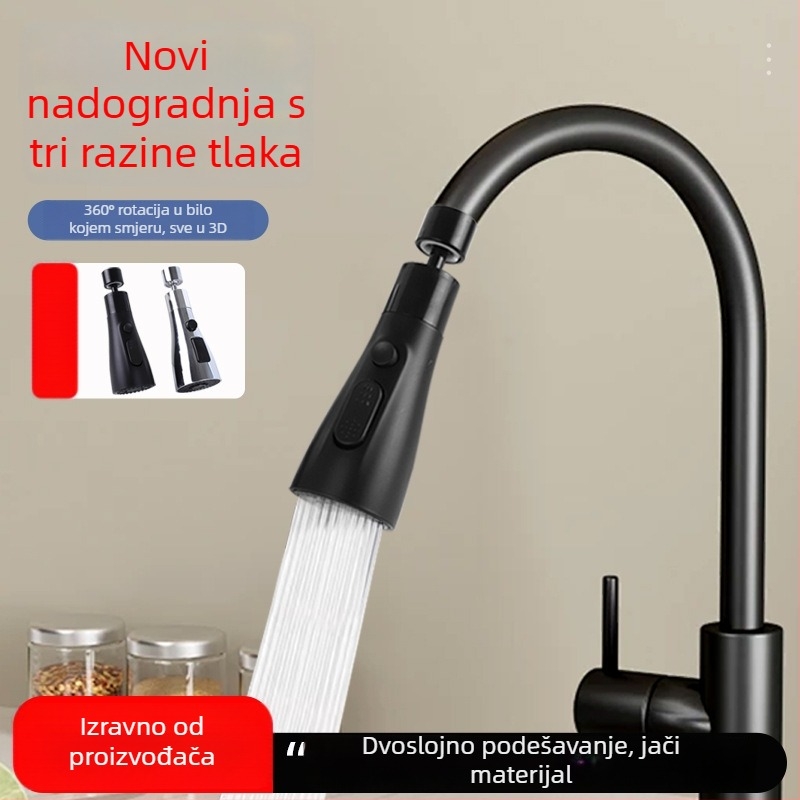 Glava za kuhinjsku slavinu s tri brzine povećanja tlaka i sprječavanja prskanja, 720° rotacija, ABS + nehrđajući čelik, navojno pričvršćivanje