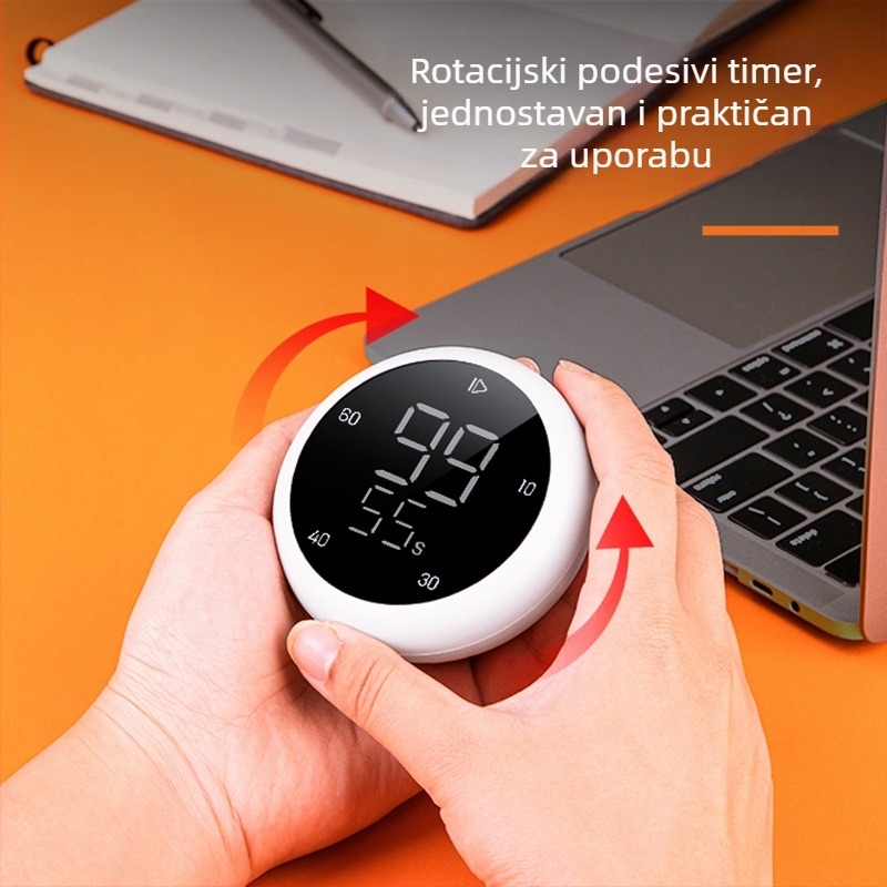 Deli LE200 Rotirajući elektronički tajmer, LED zaslon, napajanje baterijama, okruglo plastično kućište