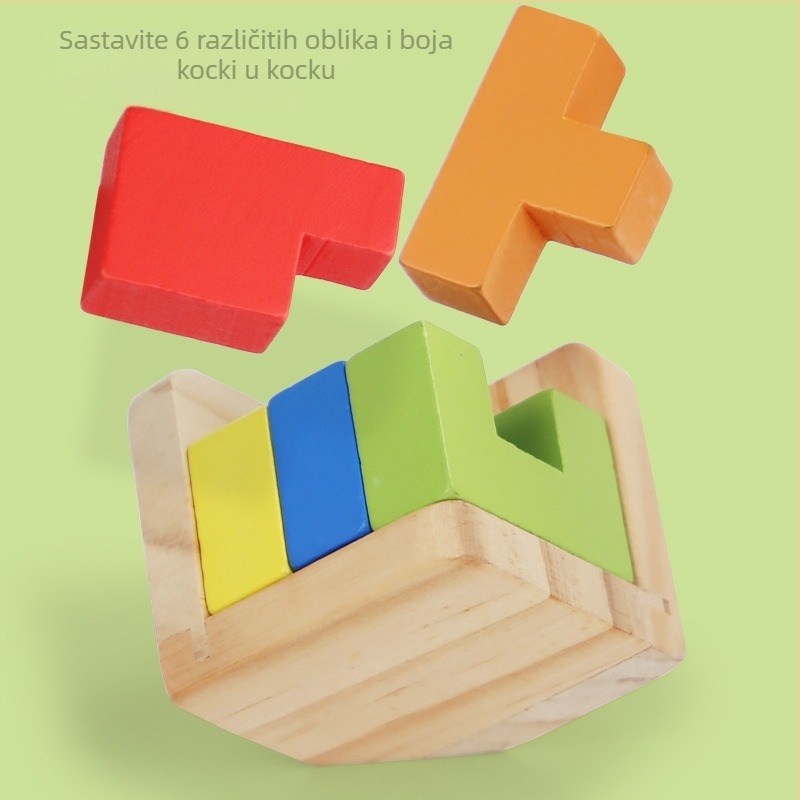 Drveni 3D puzzle kocka za oslobađanje i otključavanje – oslobađa stres; materijal: drvo; dobna skupina: 4–6 godina; mogućnost prilagodbe (prilagodba dostupna)