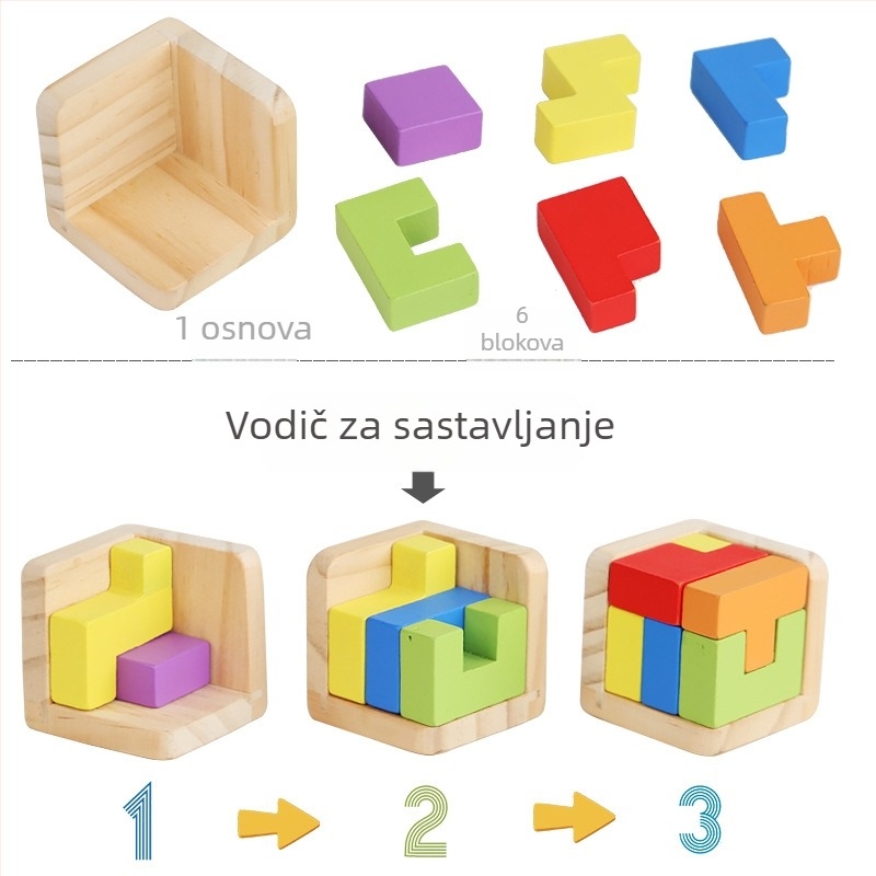Drveni 3D puzzle kocka za oslobađanje i otključavanje – oslobađa stres; materijal: drvo; dobna skupina: 4–6 godina; mogućnost prilagodbe (prilagodba dostupna)
