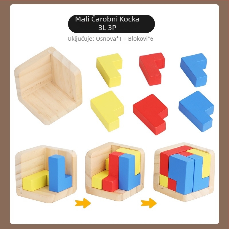 Drveni 3D puzzle kocka za oslobađanje i otključavanje – oslobađa stres; materijal: drvo; dobna skupina: 4–6 godina; mogućnost prilagodbe (prilagodba dostupna)