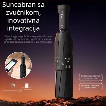 Bluetooth zvučna kišobrana s automatskim otvaranjem i zatvaranjem, otporan na vjetar, okvir s 10 rebara, tkanina 280T s premazom, dvostruka namjena: sunce i kiša, sklopiva uz remen