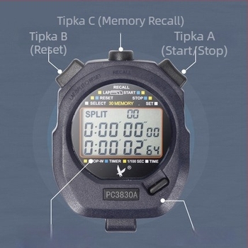 Elektronički štoper PC3860 s prikazom od 3 reda, funkcija pauze, ABS kućište