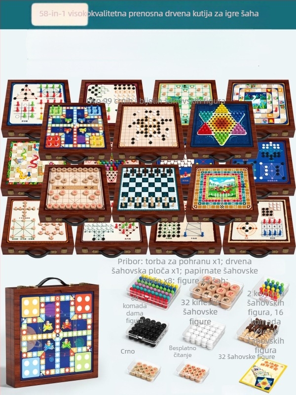 Geming Sve-u-Jedno Edukativna Dječja Društvena Igra: Ploča s više igara na jednoj – Leteći Šah, Dama, Go, Backgammon i Šah; Edukativna, Interaktivna, Potiče roditelje i djecu da komuniciraju; Pogodno za uzrast 0–3 godina.