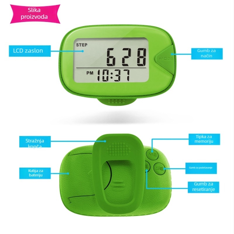 2D višenamjenski pedometar s izračunom kalorija, mjerenjem udaljenosti, kopčom za struk i memorijom