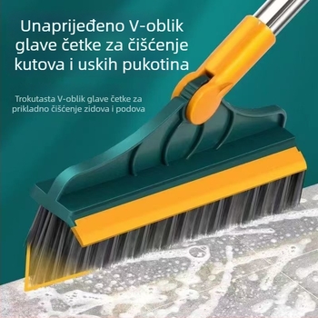 Podna četka s tvrdim čekinjama i V-oblikom strugačem za uske prostore, dugačak držač, od plastike i nehrđajućeg čelika