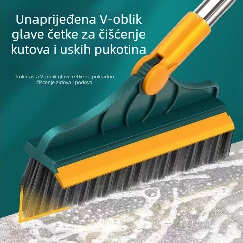 Podna četka s tvrdim čekinjama i V-oblikom strugačem za uske prostore, dugačak držač, od plastike i nehrđajućeg čelika