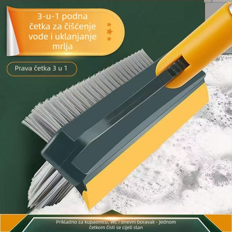 Podna četka s tvrdim čekinjama i V-oblikom strugačem za uske prostore, dugačak držač, od plastike i nehrđajućeg čelika