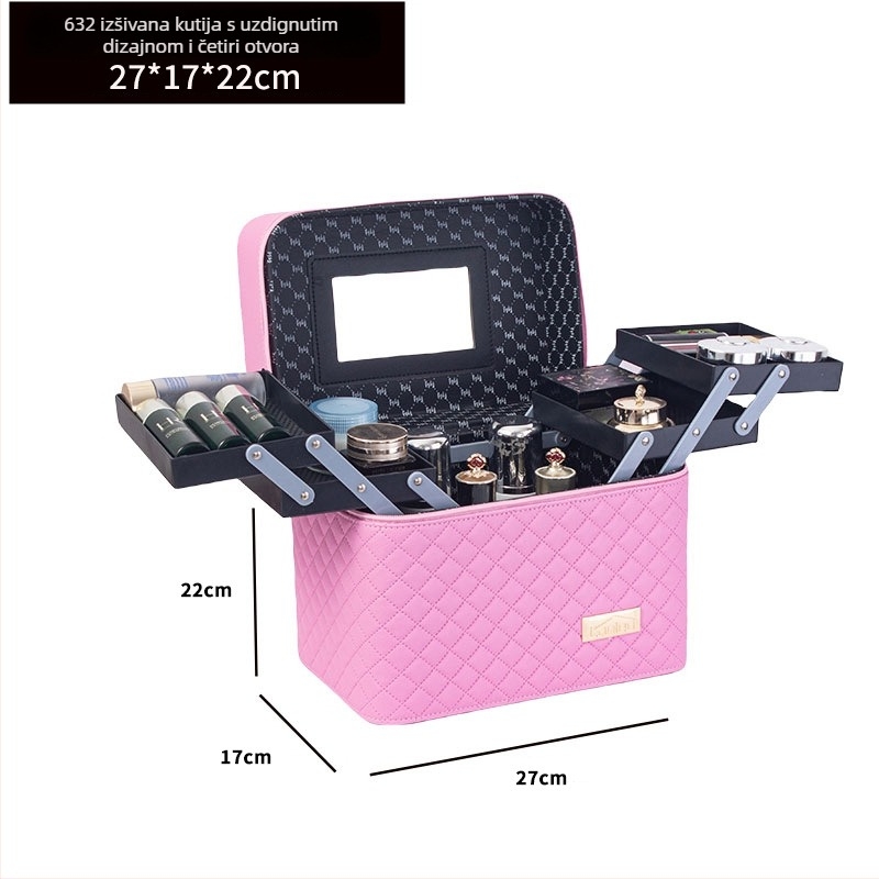 Prijenosna kozmetička torbica velike kapacitete s višeslojnim dizajnom, PU koža, izvezeni mrežasti uzorak, podstava od najlona