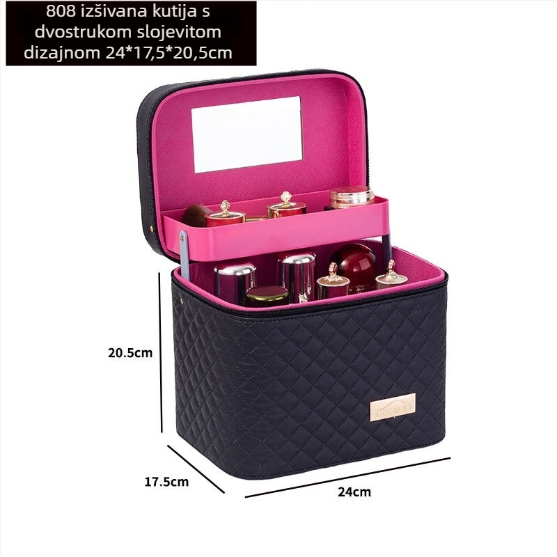 Prijenosna kozmetička torbica velike kapacitete s višeslojnim dizajnom, PU koža, izvezeni mrežasti uzorak, podstava od najlona