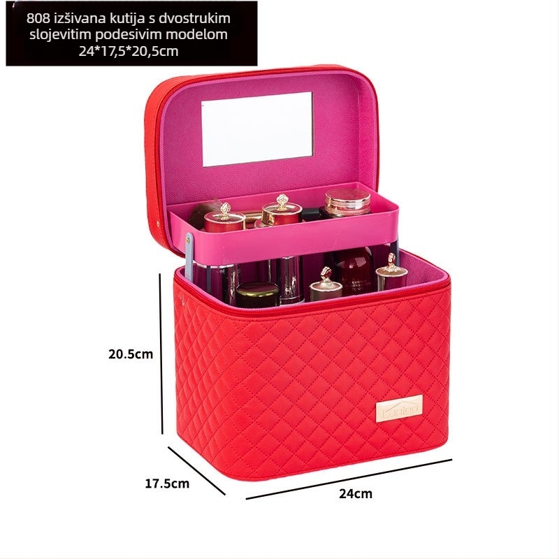 Prijenosna kozmetička torbica velike kapacitete s višeslojnim dizajnom, PU koža, izvezeni mrežasti uzorak, podstava od najlona