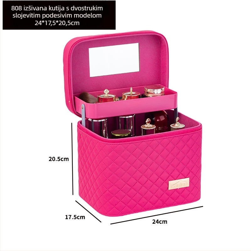 Prijenosna kozmetička torbica velike kapacitete s višeslojnim dizajnom, PU koža, izvezeni mrežasti uzorak, podstava od najlona