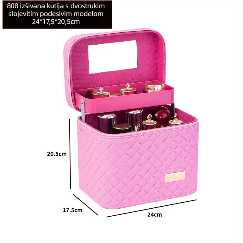 Prijenosna kozmetička torbica velike kapacitete s višeslojnim dizajnom, PU koža, izvezeni mrežasti uzorak, podstava od najlona