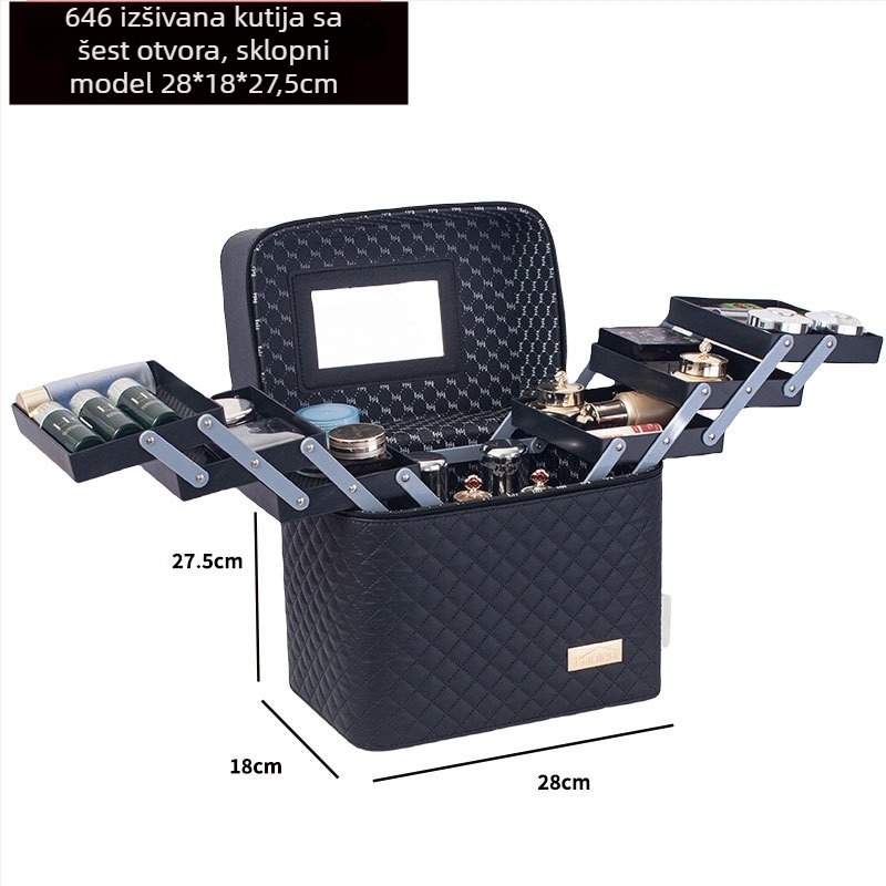 Prijenosna kozmetička torbica velike kapacitete s višeslojnim dizajnom, PU koža, izvezeni mrežasti uzorak, podstava od najlona