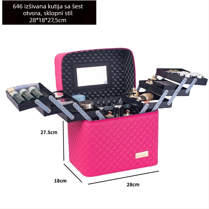 Prijenosna kozmetička torbica velike kapacitete s višeslojnim dizajnom, PU koža, izvezeni mrežasti uzorak, podstava od najlona