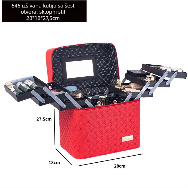 Prijenosna kozmetička torbica velike kapacitete s višeslojnim dizajnom, PU koža, izvezeni mrežasti uzorak, podstava od najlona