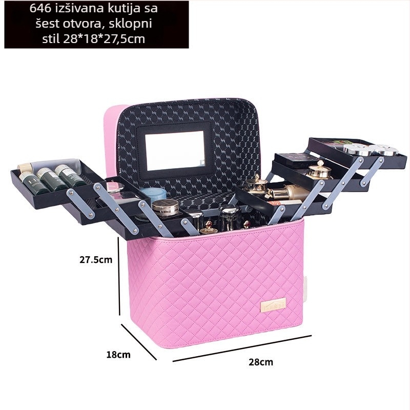 Prijenosna kozmetička torbica velike kapacitete s višeslojnim dizajnom, PU koža, izvezeni mrežasti uzorak, podstava od najlona